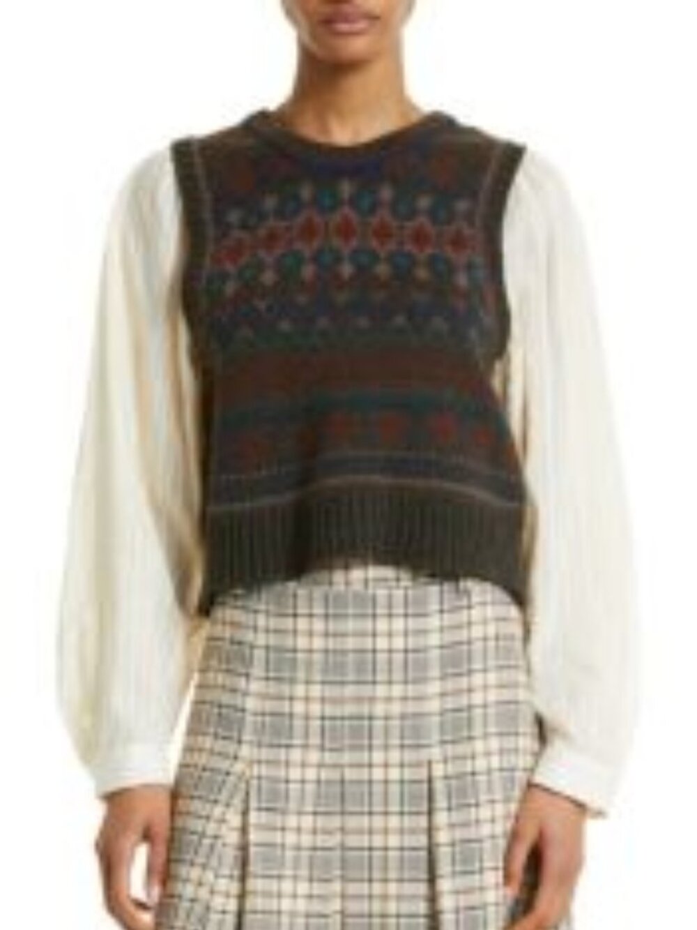 SEA NEW YORK Finja combo top Fairisle intarsia wool sweater vest Cotton sleeves